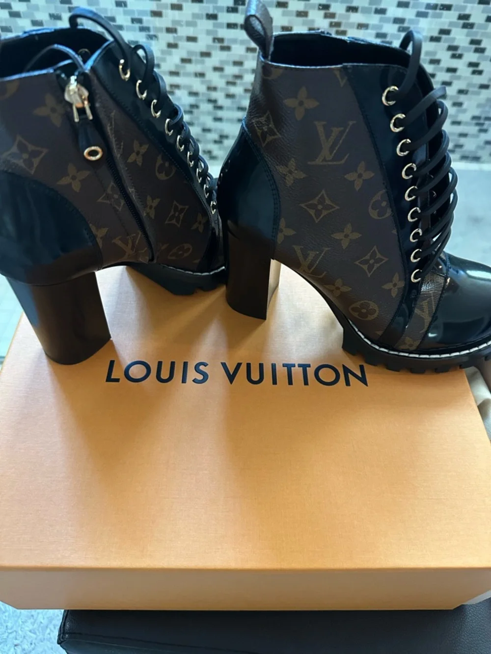 Louis Vuitton Monogram Lace-Up Patent Toe Ankle Boots in Brown and Black - Picture 2 of 3